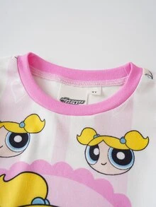 THE POWERPUFF GIRLS X SHEIN 女童圓領長袖上衣與長褲家居服套裝 - 粉色 - 查看 3