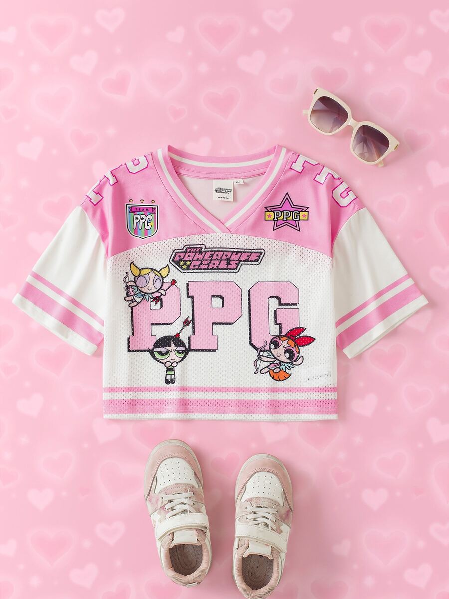THE POWERPUFF GIRLS X SHEIN Tween Girl Letter Print Short Sleeve Casual T-Shirt - Pink - View 1
