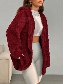 SHEIN EZwear 冬季寬鬆休閒白色凹凸毛絨落肩口袋拼接長袖連帽外套 - 酒紅色 - 查看 5