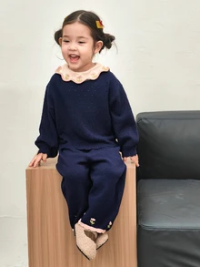 DAZY Baby Girl Contrast Color Long Sleeve Top And Pants Casual Everyday Knit Set - Grey - View 6