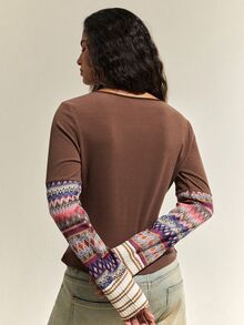 SHEIN Women's Spring/Autumn Soft Solid Color Patchwork Printed Sleeve Fitted Daily Bohemian Style Long Sleeve Top - Coffee Brown - View 2