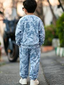 Boys' Autumn/Winter Long Sleeve Cuffed Pants 2 Pieces Set & Crew Neck Top With BOSTON 3D Embossed Lettering And Matching Tapered Pants With Subtle Pattern, Creating A Perfect Coordinated Look & A Low-Key Outdoor Casual Outfit For Boys - Multicolor - View 2