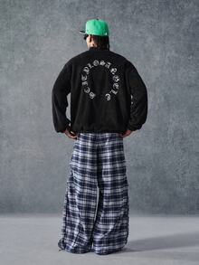 PAVTROS 男士休閒街頭復古時尚拼接刺繡萬聖節長袖毛茸茸夾克 - 黑色 - 查看 4