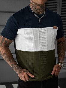 Manfinity Homme Men's Letter Print Contrast Color Crew Neck Short Sleeve Casual T-Shirt - Navy Blue - View 6