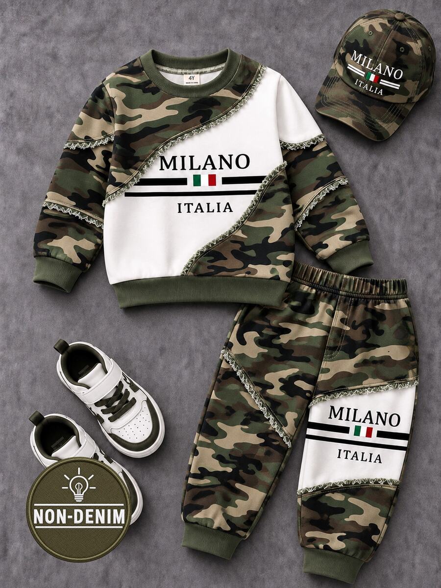 小男孩運動衫套裝,迷彩+白色拼接設計,運動衫正面印有黑色 MILANO ITALIA 字樣,羅紋袖口,搭配迷彩拼接與白色色塊的慢跑褲,褲子同樣印有字樣,羅紋褲腳 - 彩色 - 查看 1
