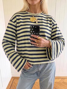 SHEIN EZwear 女款休閒海外風長袖條紋T恤，秋季上衣，適合日常通勤、聚會、秋冬/夏季、聖誕節、新年、感恩節、派對、婚禮、海灘、畢業典禮、優雅、外出、約會、通勤、情人節、優雅、度假、Y2K、畢業典禮等場合，條紋T恤 - 彩色 - 查看 3