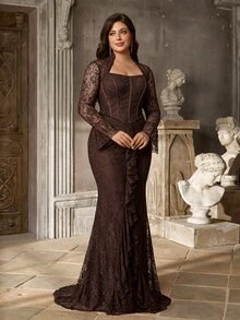 Aureia Plus Size Elegant Romantic Luxurious Coffee Lace Asymmetrical Collar Flared Sleeve Asymmetrical Ruffle Overlay Fitted Mermaid Hem Evening Gown For Party Date Ball Vacation Wedding Event - Coffee Brown - View 7
