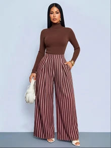 SOLERSUN Women's Brown Striped Wide Leg Pants High Waist Pleated Front With Pockets Elegant Commute Daily - Brown - View 6