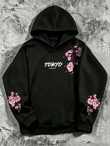 Manfinity Homme Men's Plus Size Classic Oriental Japanese Sakura Text Hoodie, Suitable For Daily Wear And Gatherings - Black - View 4