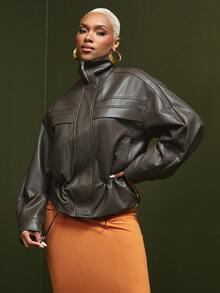 Vixey Women's Street Style High Neck Zipper Long Sleeve PU Material Jacket - Brown - View 3