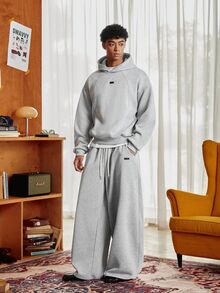 SWAVVY Men's Spring/Autumn Casual Loose Fit Standard Size Hoodie Sweatshirt Set, Grey Solid Color, Elastic Waist - Grey - View 4