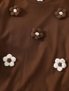 SHEIN 女童針織純色圓領寬鬆3D花朵休閒T恤與長褲兩件套 - 彩色 - 查看 6