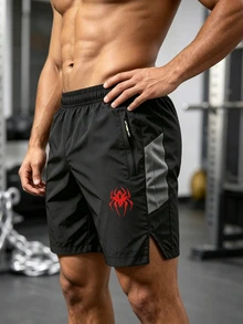 Men's Spider Print Zipper Pocket Sports Shorts - Black - View 4