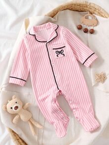 SHEIN 新生兒條紋飾邊前開襟印花貼布口袋連腳鬆款長袖連身衣居家穿著適合冬季 - 粉色 - 查看 6