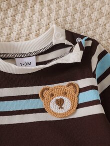 SHEIN Playful Pals 2件組幼兒男嬰運動衫慢跑褲套裝，可愛學院風，嬰兒藍白條紋熊貼布，華夫格針織長袖，戶外秋季假期舒適羅紋款 - 彩色 - 查看 5