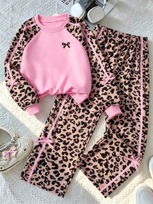 SHEIN 女童女款粉色動物印花蝴蝶結 2 件套落肩圓領衛衣搭配同款印花寬腿長褲 主體 - 粉色 - 查看 8