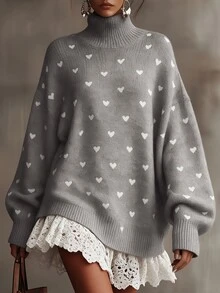 LUMIGAL Women's Half-High Neck All-Over Heart Print Ribbed Cuff Petal Sleeve Patchwork Hollow Lace Hem Sweater - Multicolor - View 1
