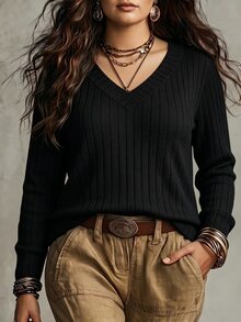 SHEIN LUNE 新款女式時尚休閒百搭落肩袖針織羅紋紋理長袖T恤 秋季 - 黑色 - 查看 1