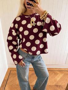 SHEIN EZwear 海外長袖草莓巧克力條紋上衣，秋季襯衫，適合日常通勤、派對、秋冬春夏、聖誕節、新年、感恩節、派對、婚禮、海灘、畢業典禮、優雅、外出、約會、通勤、情人節、優雅、度假、Y2K、畢業典禮等場合 - 彩色 - 查看 3