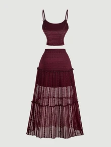 SHEIN MOD Setelan Kasual 2 Potong Atasan Camisole dan Rok Warna Polos untuk Wanita - Burgundy - View 5