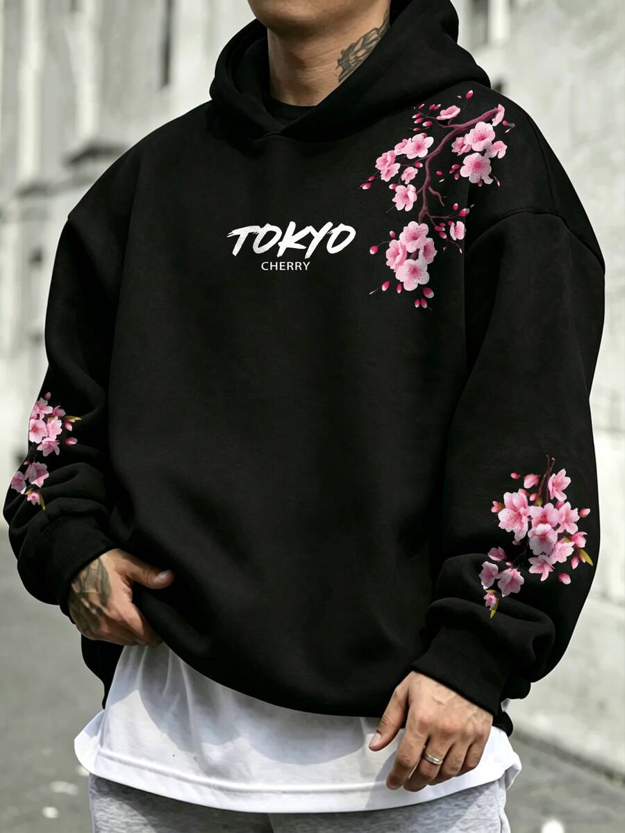 Manfinity Homme Men's Plus Size Classic Oriental Japanese Sakura Text Hoodie, Suitable For Daily Wear And Gatherings - Black - View 1