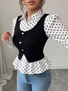 SHEIN Elenzya 女款白色波點羅紋面料翻領V領收腰修身剪裁拼接高級優雅教師風開學派對度假聖誕前夕聖誕節萬聖前夕感恩節聖誕嘉年華排燈節氛圍裝秋季襯衫秋季上衣秋季服飾新款必備時尚單品小眾設計百搭長袖拼接襯衫上衣 - 黑與白 - 查看 6