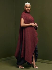 Vixey Women's High Neck Asymmetrical Cape Knit Sweater, Loose Design Shawl-Style Pullover, Autumn/Winter - Burgundy - View 4