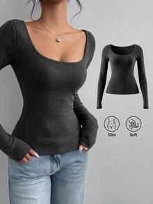 SHEIN BASICS تي شيرت نسائي كاجوال بسيط بأكمام طويلة للارتداء اليومي - رمادي غامق - مشاهدة 7