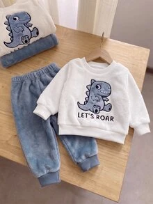 SHEIN Playful Pals 2件組男嬰幼兒運動衫慢跑褲套裝，可愛甜美藍白恐龍咆哮毛絨圖案，長袖圓領絨毛款，適合戶外冬季穿著 - 藍色 - 查看 8