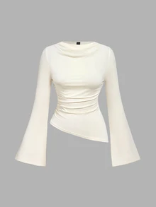 SHEIN MOD 3件組女款抓皺喇叭袖不對稱下擺T恤 - 酒紅色 - 查看 7