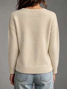 SHEIN Clasi Women's Asymmetric Button Design Round Neck Knit Sweater, Loose Fit Drop Shoulder Long Sleeve 2 In 1 Pullover Top - Apricot - View 2