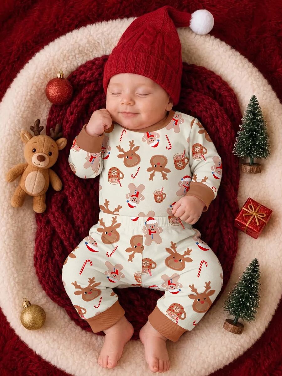 Baby Boy Classic Long Sleeve & Long Pants Snug Fit Set, Classic Christmas Element Pattern Print, Cute Christmas Deer Pattern Print, Classic Christmas Candy Pattern Print, Classic Christmas Gingerbread Man Pattern Print, Christmas Snowman Pattern Print, Suitable For Autumn/Winter, Suitable For Christmas - Multicolor - View 1