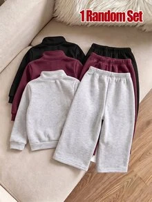 SHEIN Playful Pals 女嬰純色半拉鍊立領運動衫與寬腿運動長褲 2 件套，休閒秋冬運動套裝 - 彩色 - 查看 2