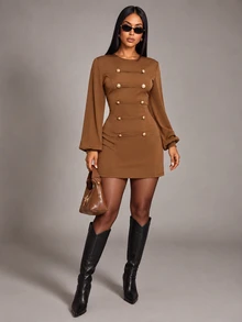 SOLERSUN Women Round Neck Lantern Long Sleeve Mini Dress Decorative Frog Button Slim Bodycon Short Dresses - Coffee Brown - View 1