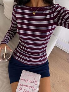 CovetEZ 女款條紋圓領長袖休閒百搭T恤 - 酒紅色 - 查看 3