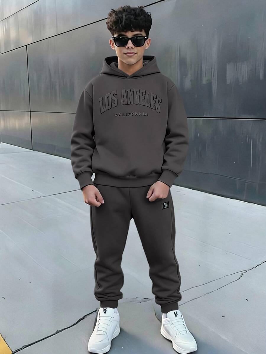 SHEIN 青少年男孩拼色寬鬆長袖連帽衫套裝,冬季,街頭風,畢業,返校 - 深灰色 - 查看 1