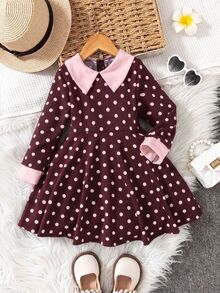 SHEIN Elladie kids 女童秋冬波點印花對比色彼得潘領長袖A字洋裝 - 彩色 - 查看 4
