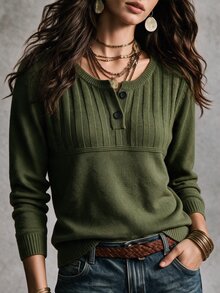 SHEIN 優雅米色羅紋針織長袖上衣，復古半開鈕扣亨利領，通勤外套內搭毛衣 - 軍綠色 - 查看 3