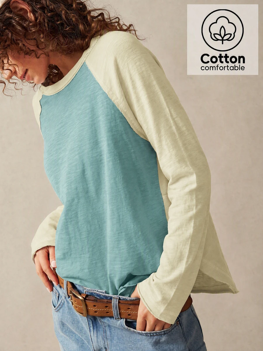 Bohemela Casual Solid Color Knit Patchwork Crew Neck Long Sleeve Women's T-Shirt - Multicolor - View 1