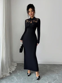 Elenzga Women's Bowknot Lace Long Sleeve Back Slit Dress - Black - View 4