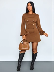 SOLERSUN Women Round Neck Lantern Long Sleeve Mini Dress Decorative Frog Button Slim Bodycon Short Dresses - Coffee Brown - View 4