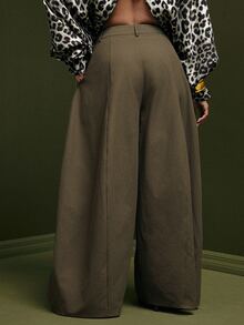 Vixey Women's Solid Color High Waist Curved Leg Wide Leg Loose Long Pants, Event Dressing, Going Out Outfit, Holiday - Army Green - View 5