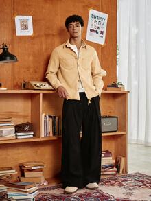 SWAVVY 男士長袖單排扣休閒口袋牛仔襯衫 - 卡其色 - 查看 3
