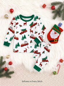 Baby Boy Classic Long Sleeve & Long Pants Snug Fit Set, Classic Christmas Element Pattern Print, Cute Christmas Deer Pattern Print, Classic Christmas Candy Pattern Print, Classic Christmas Gingerbread Man Pattern Print, Christmas Snowman Pattern Print, Suitable For Autumn/Winter, Suitable For Christmas - Multicolor - View 1