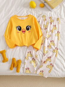 Girls' Fashionable Cute Ballet Girl Print Long Sleeve Long Length Comfortable Milk Silk Fabric Loungewear Set - Yellow - View 1