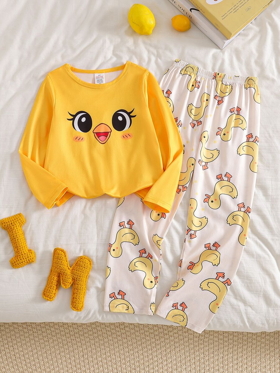 Girls' Fashionable Cute Ballet Girl Print Long Sleeve Long Length Comfortable Milk Silk Fabric Loungewear Set - Yellow - View 1