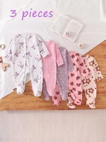 SHEIN 新生兒極簡時尚甜美可愛愛心圖案 3 件套長袖長版連身褲居家服 - 彩色 - 查看 1
