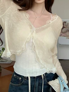 Tideelle 白色V領蕾絲飾邊防曬罩衫女款夏季輕量細肩帶披肩罩衫 - 奶油色 - 查看 5