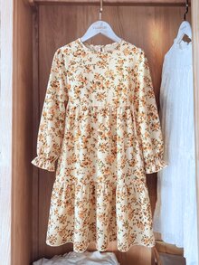 SHEIN Vintaside Kids 青少年女孩長袖碎花洋裝 秋季小復古波西米亞風 家庭套裝鄉村風圓領喇叭裙 感恩節 粉色假期 - 彩色 - 查看 3