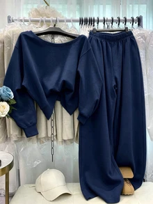 Resyla Women's 2 Pieces Casual Lounge Set, Slanted Neck Long Sleeve Sweatshirt & Pants With Lette Design For Daily Wear And Sports - Navy Blue - View 2